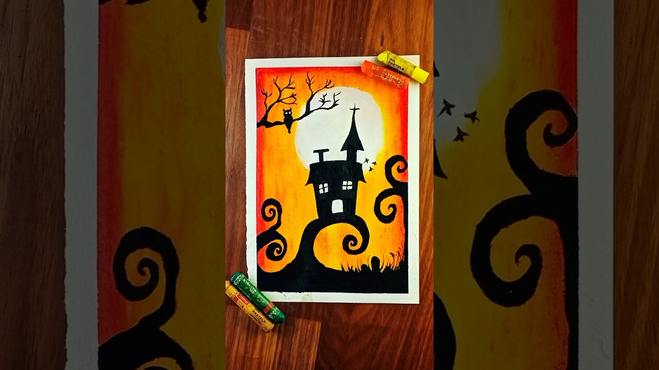 Haunted House Silhouette Art 🌕 | Spooky Sunset Oil Pastels Drawing