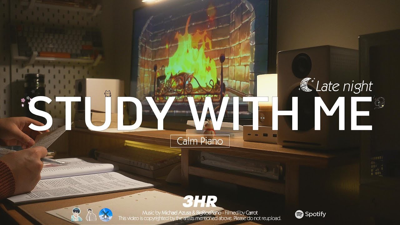 3-HOUR STUDY WITH ME Late night 🌙 | 🎹Calm Piano, Fire Crackle 🔥| Pomodoro 50-10