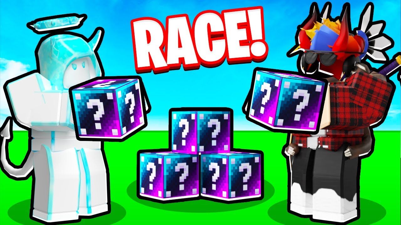 I Challenged a PRO To a GLITCHED LUCKYBLOCK RACE... (Roblox Bedwars)
