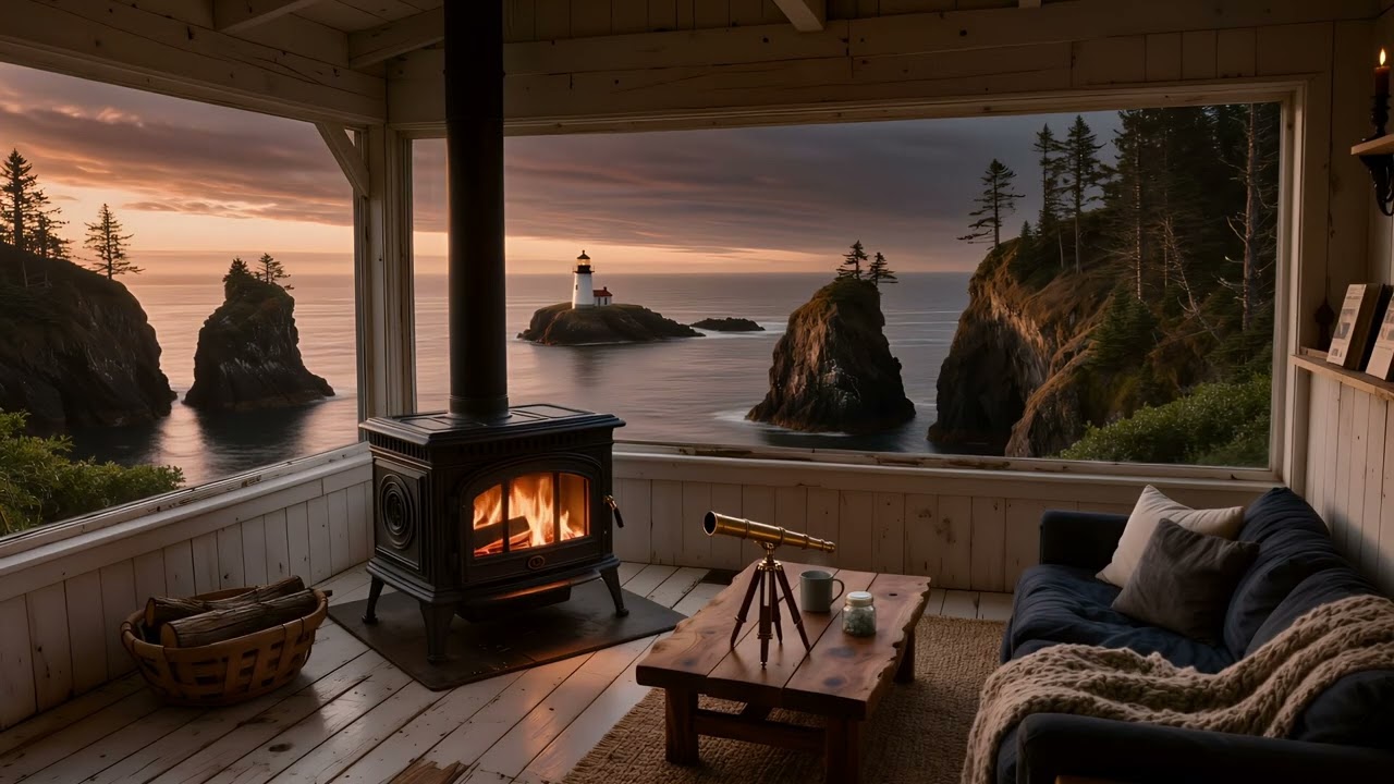 Lighthouse View Wood Stove Ambience 🌊🔥 | Cozy Cliffside Cabin Overlooking the Rocky Shore at Sunset