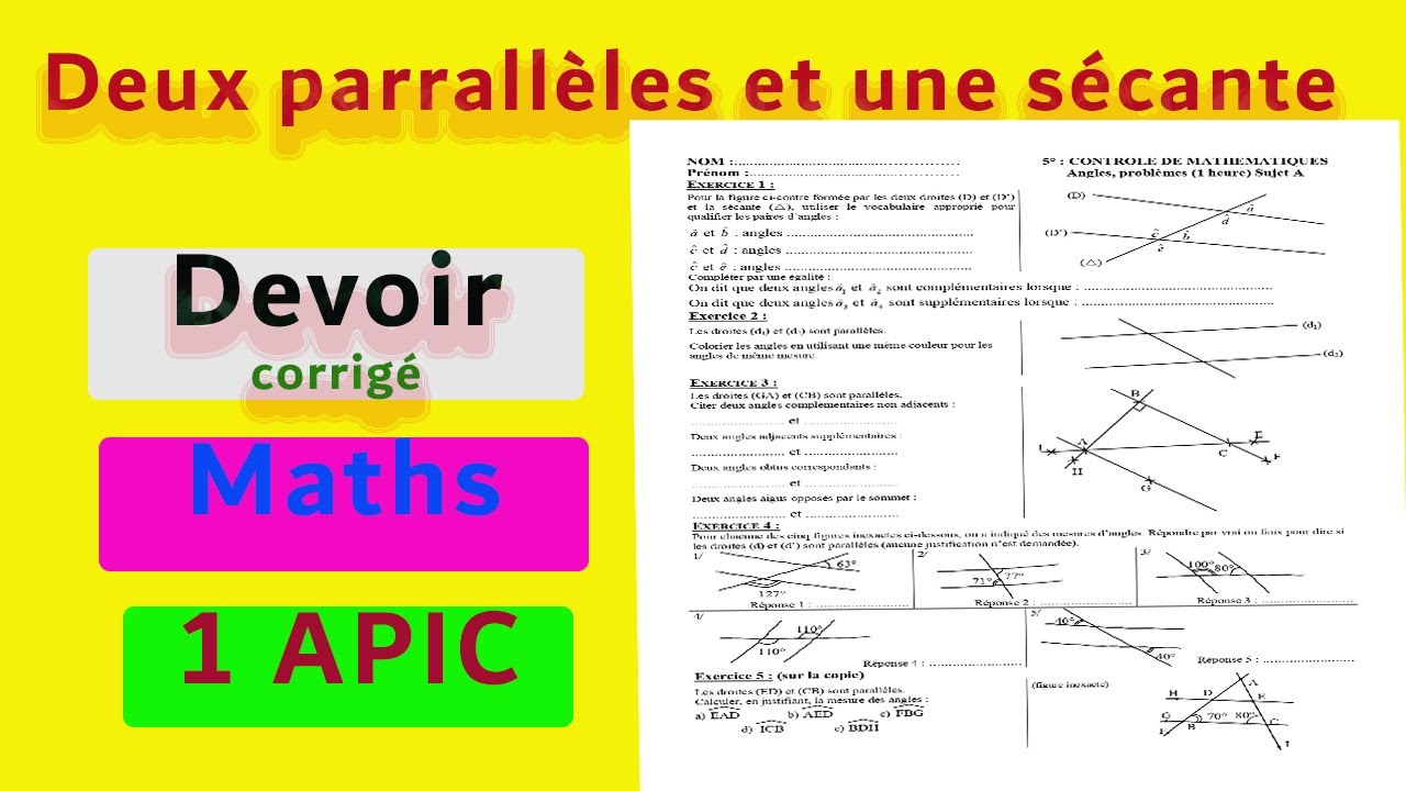 1ère année de collège :Deux droites parallèles et une sécante)(contrôle corrigé)