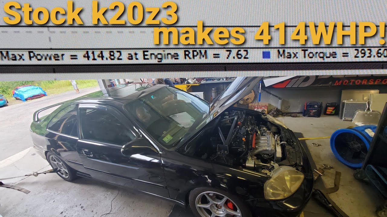 stock k20 Civic Coupe makes 414whp with rotrex c38 supercharger !