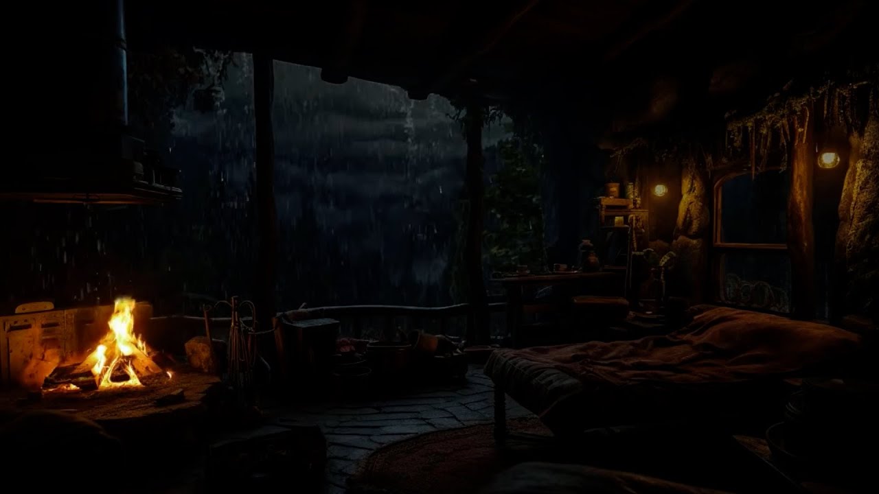 Cozy Cabin Rainstorm ⛈️ Soft Thunder & Crackling Fireplace Sounds for Deep Relaxation 😴✨