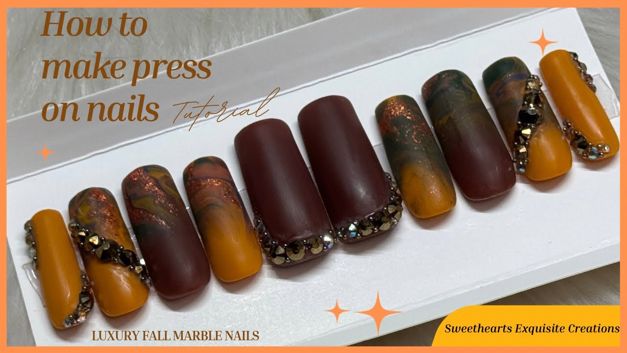 Luxury fall marble press on nails tutorial - ￼ beginner friendly