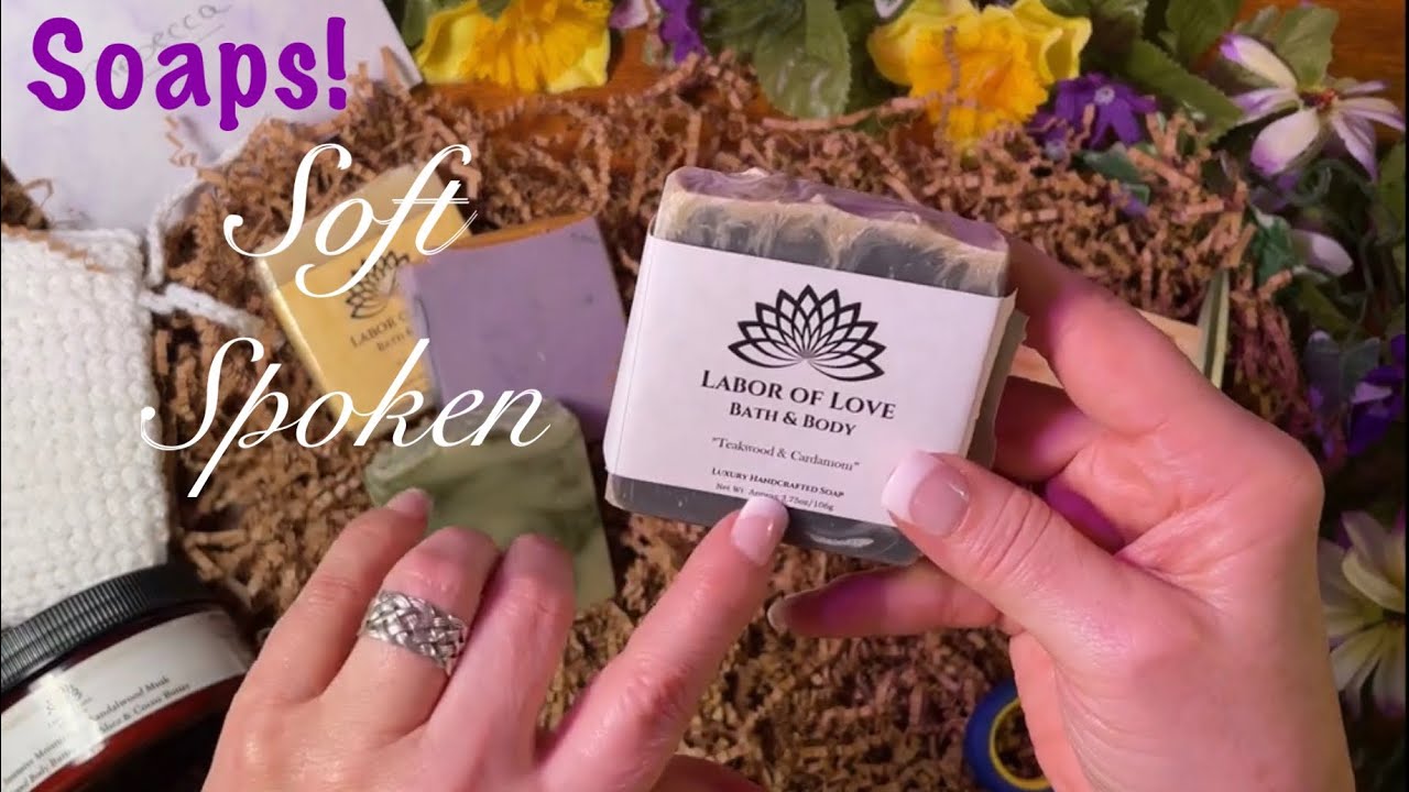 ASMR Special on Homemade Soaps (Soft Spoken only) Samples and gifts from Soap Maker. Paper crinkles.