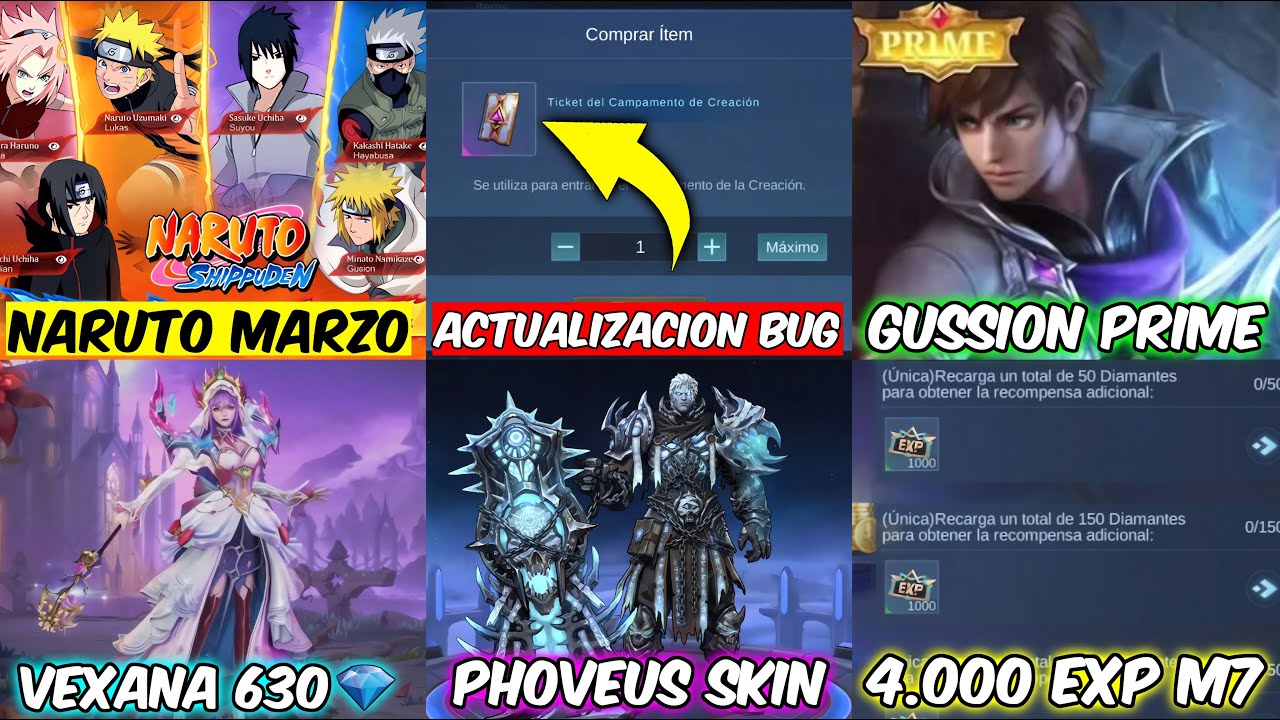 GUSSION M8 Y PRIME? NARUTO MARZO, ACTUALIZACION BUG 100 DIAMANTES, SKIN PHOVEUS, 4000 EXP M7