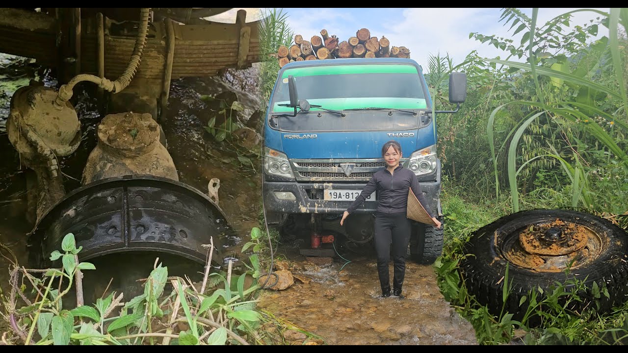 Girl fixes broken front drive shaft, tire falls off while crossing stream