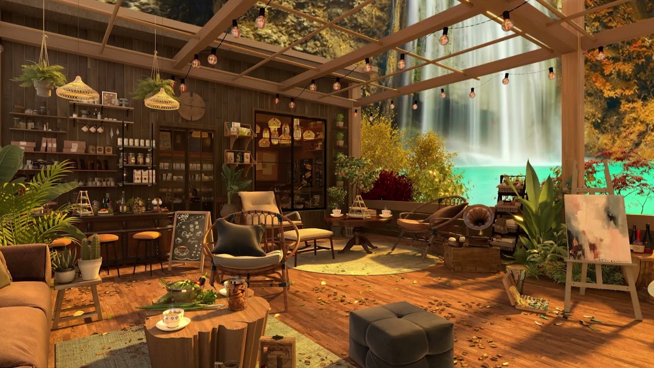 Relaxing Jazz Cafe Space - cafe and waterfall in the forest 8 hours