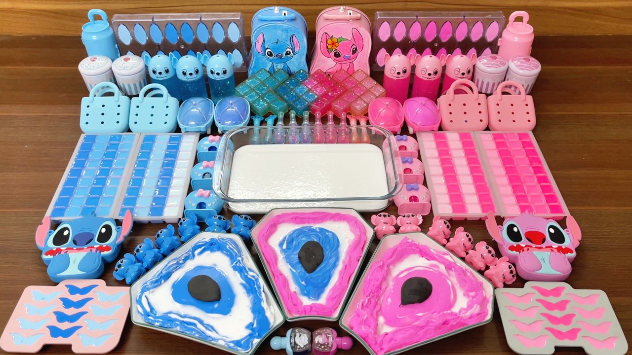 Slime mixing magic - Blue and pink Stitch glossy slime textures
