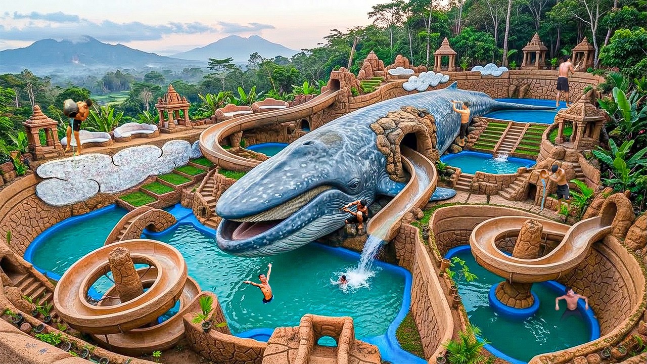 200 Days Building a Giant Blue Fish Water Playground with Complex Curved Slides Using Primitive Tool