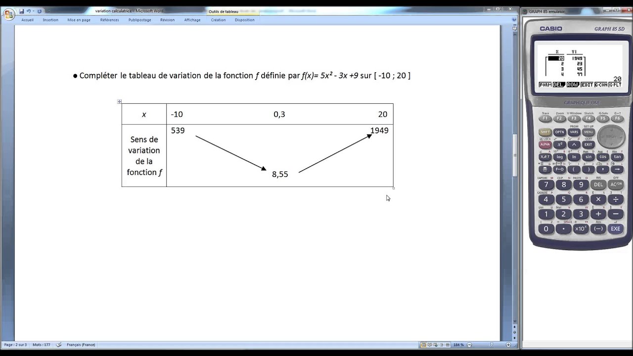 Comment compléter un tableau de variation à l'aide de sa calculatrice ? CASIO 25+ ; 35+ ; 65 +