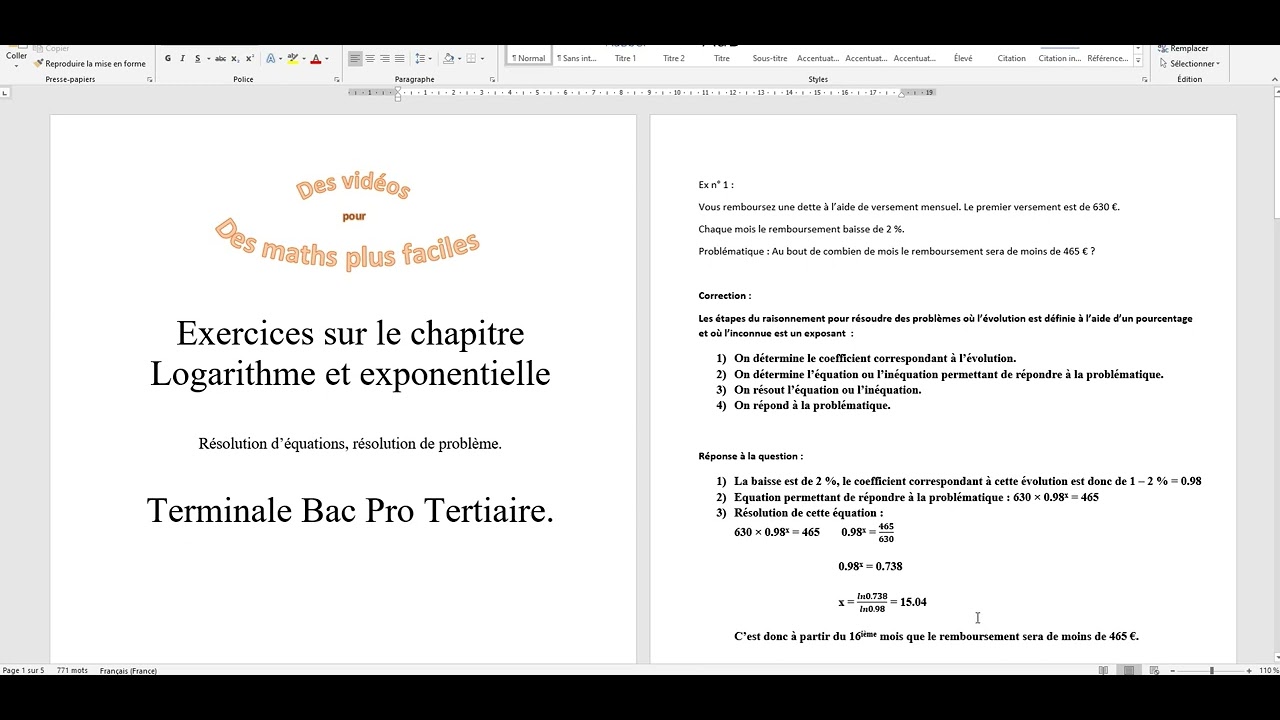 exercices logarithme et exponentielle - terminale bac pro