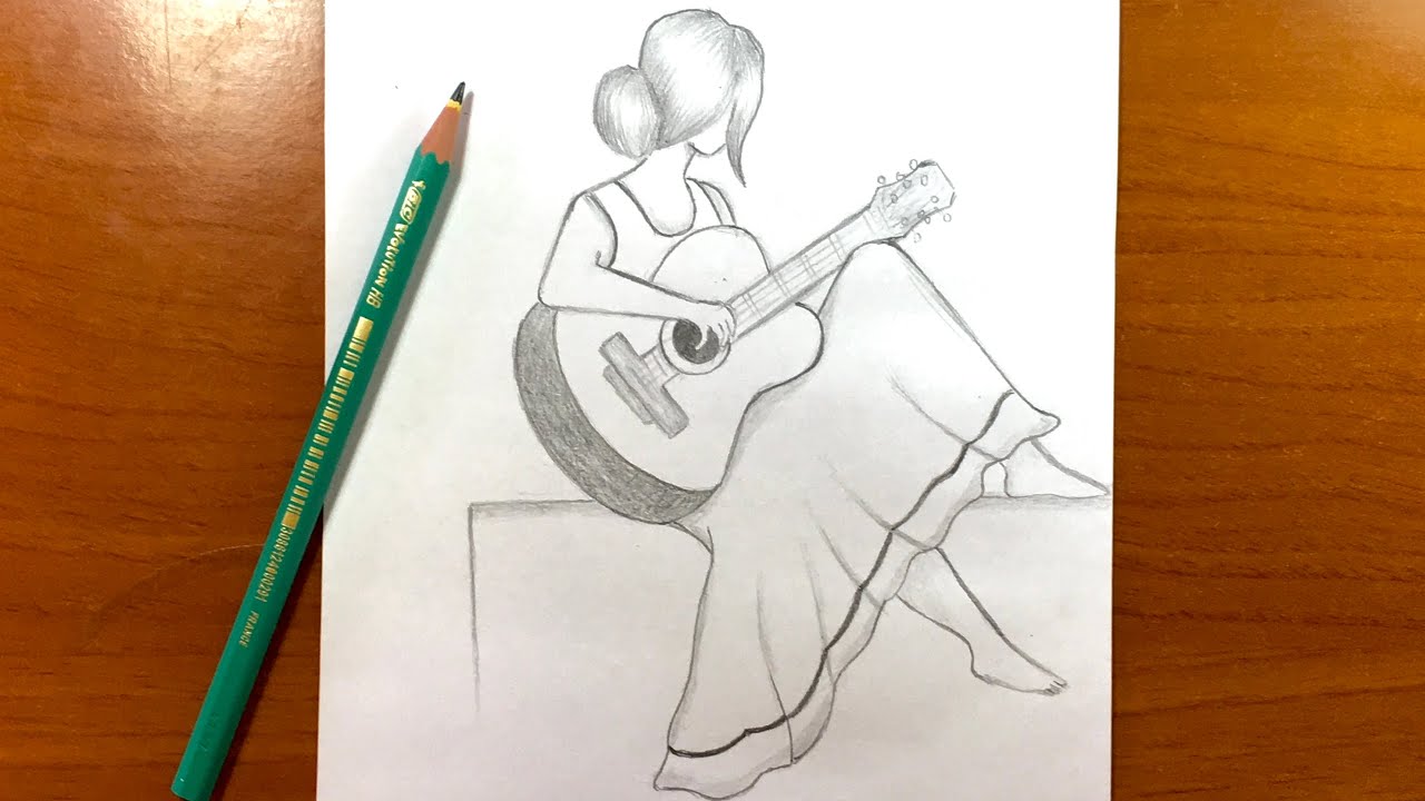 رسم سهل للمبتدئين | كيف ترسم بنت مع قيتار خطوة بخطوة