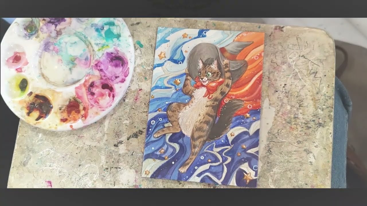 WATERCOLOR WEDNESDAY: I paint a WITCH CAT on Aquaboard