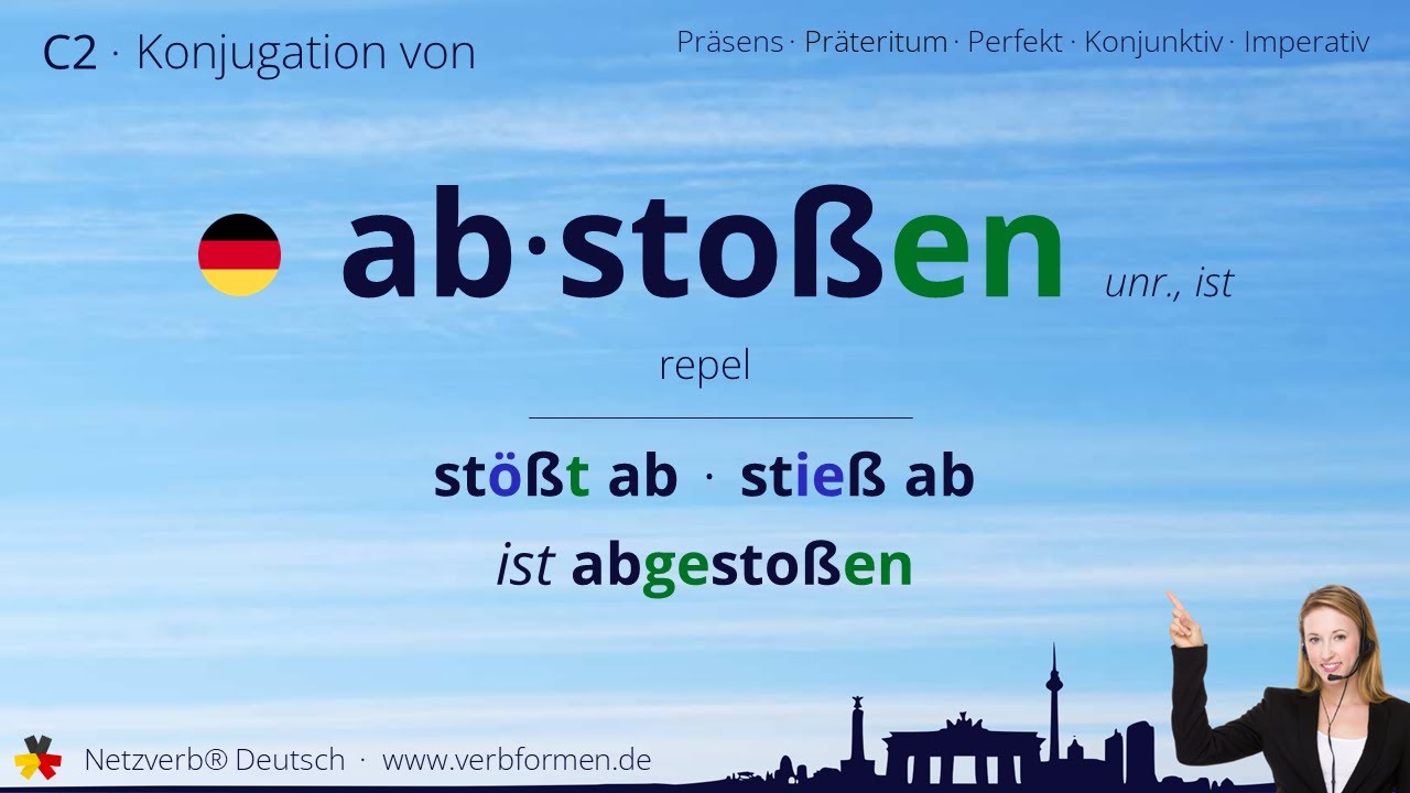 Konjugation Verb &bdquo;absto&szlig;en&ldquo; (unr., ist) - alle Zeitformen, Lernvideo, Tutorial