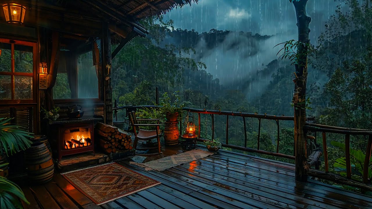 The Best Way To Sleep Instantly: Listen To Rain, Thunder Sound, Crackling Fire⚡Cozy Balcony In Rain