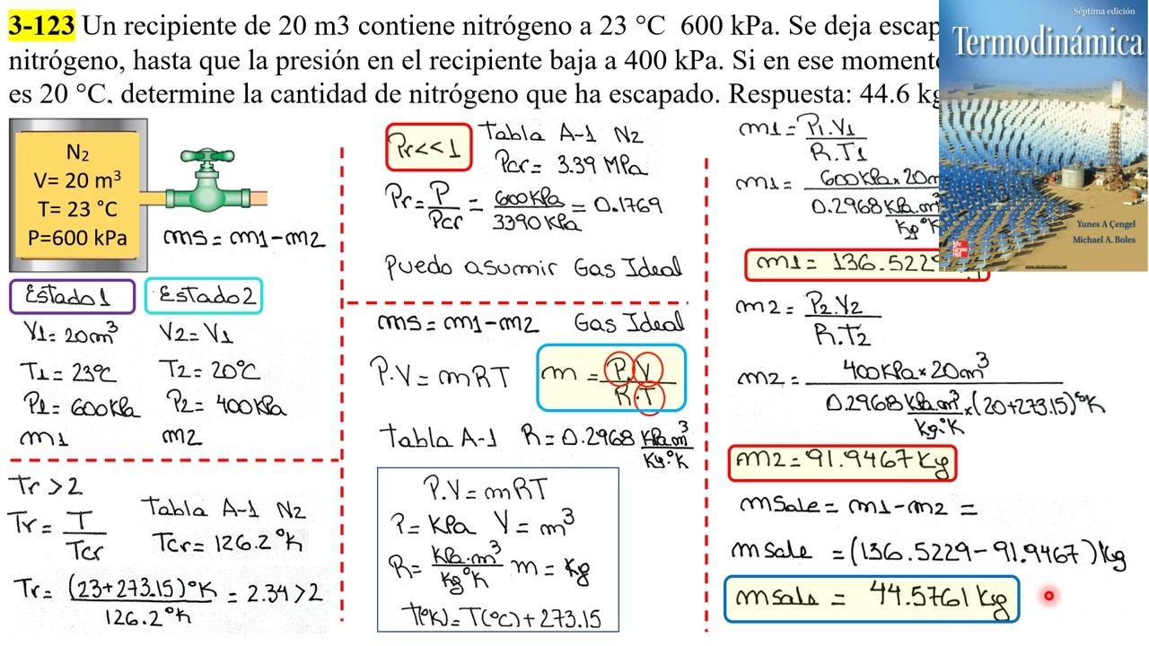 Termodinamica Gas Ideal. Cengel 3-123 (7ma Edic). N2. Masa que sale de recipiente con válvula