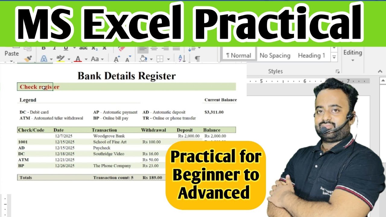 MS Excel Practical | Bank Register Practical | Beginner to Advanced Excel in Hindi