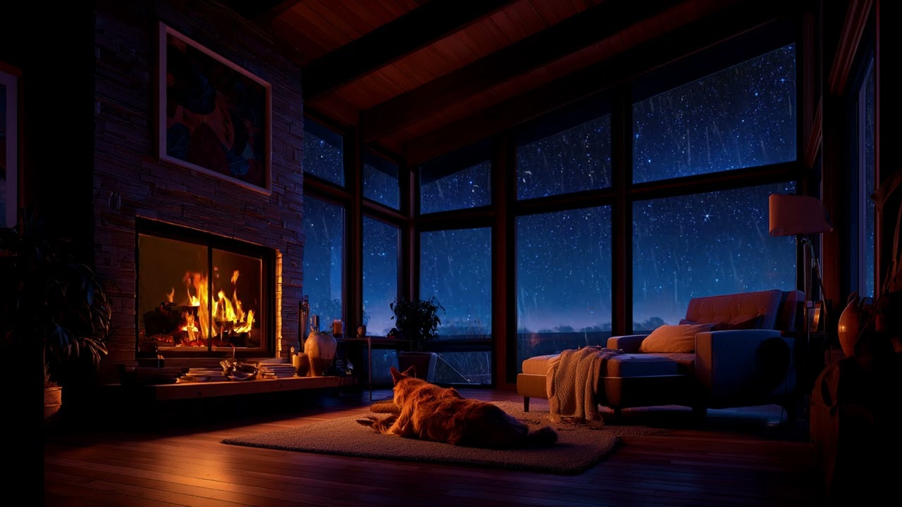 Cozy Fireplace with Gentle Night Rain 🌙🔥 | Warm Cabin Ambience for Deep Sleep & Relaxation