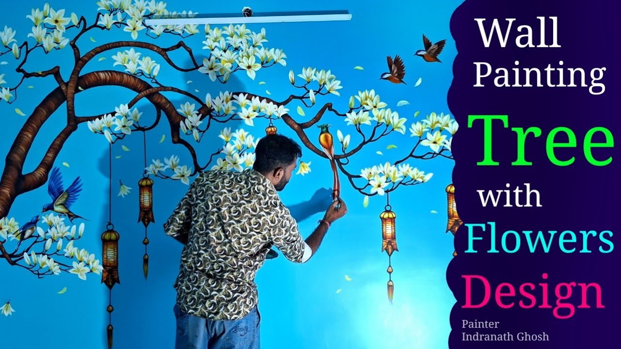 Wall Painting Tree With Flowers / Wall Painting Design Ideas Tree And Birds / Latest Tree Wall Art 