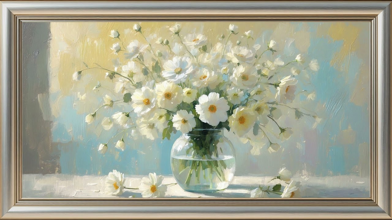 Vintage White Floral Painting | Spring TV Art Wallpaper | Gold Frame Screensaver | Elegant Wall Art