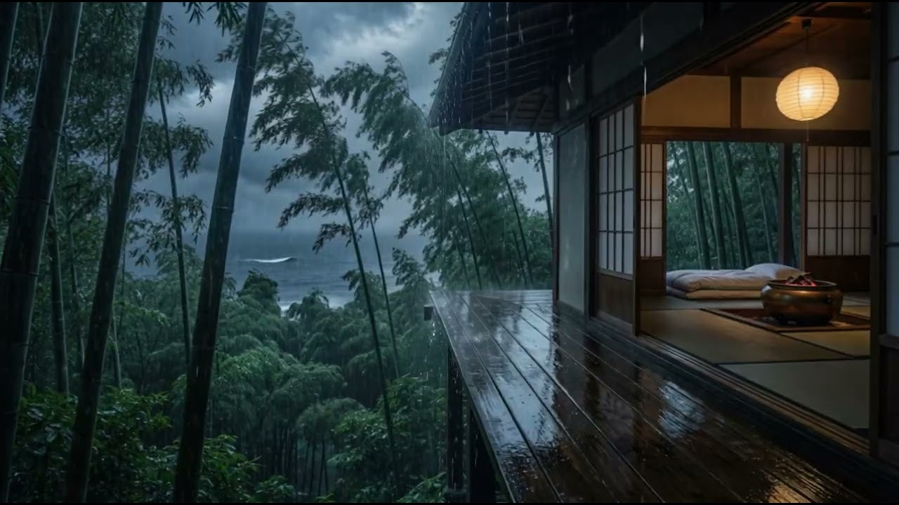 Hidden in a Dark Luxury Bamboo Ryokan | Heavy Rain | 10 Hours No Ads