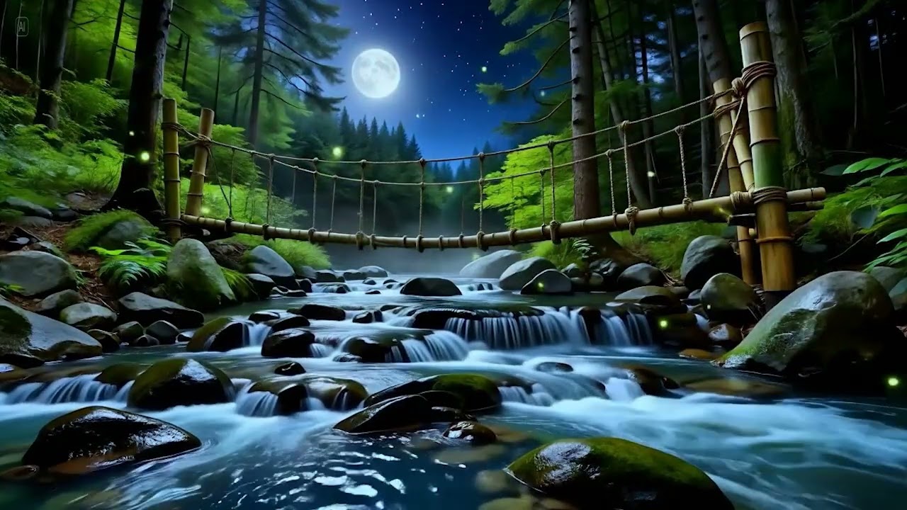 Soothing Night Waterfall 🌙💦 Fireflies & Bamboo Bridge Ambience