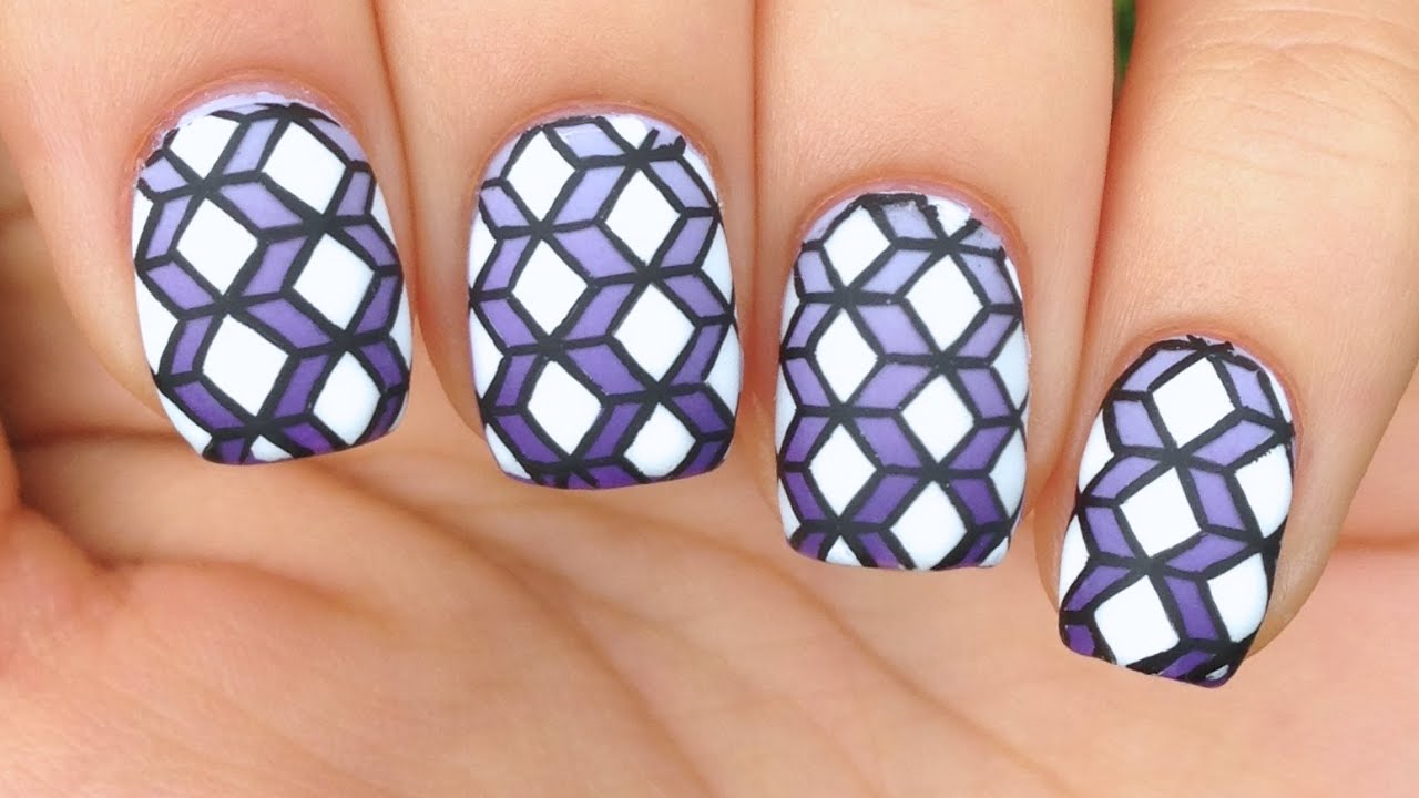 Nail Art Tutorial: Purple Gradient + Geometric 3D Boxes Design
