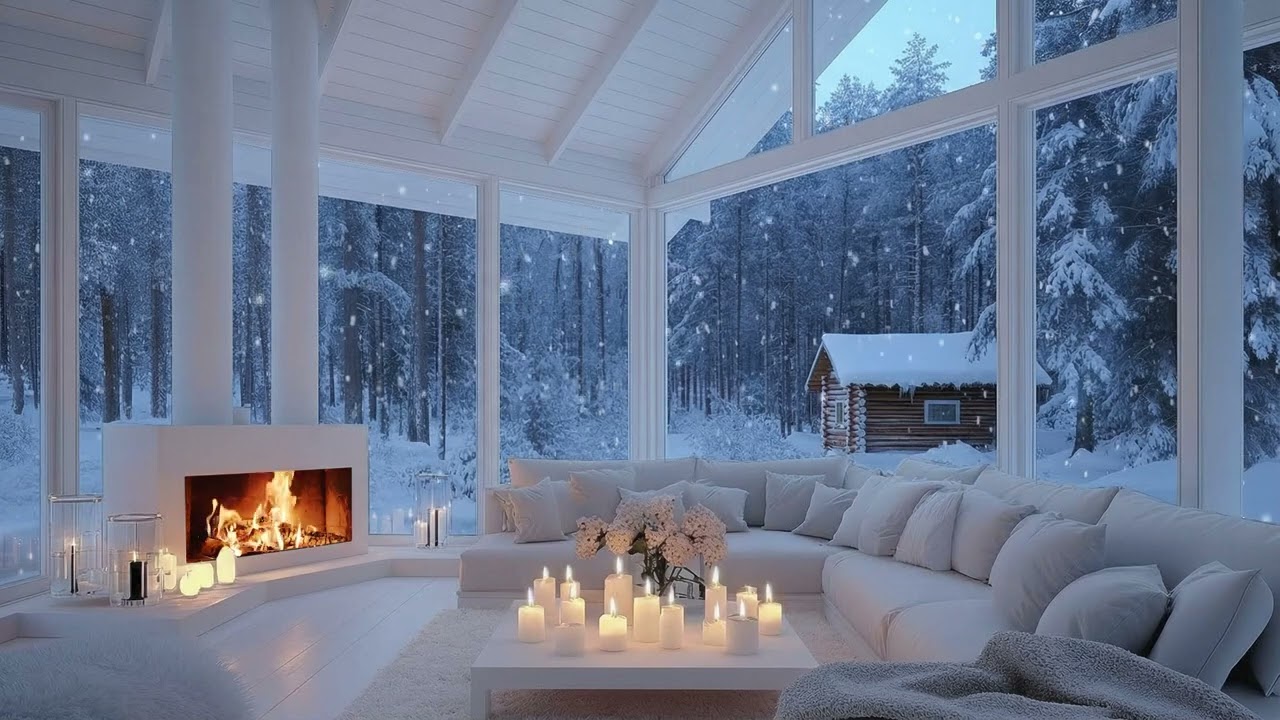 Luxury Villa Winter Night Ambience| 3 Hours of Heavy Snowfall and Cozy Fireplace Sounds for Relaxing