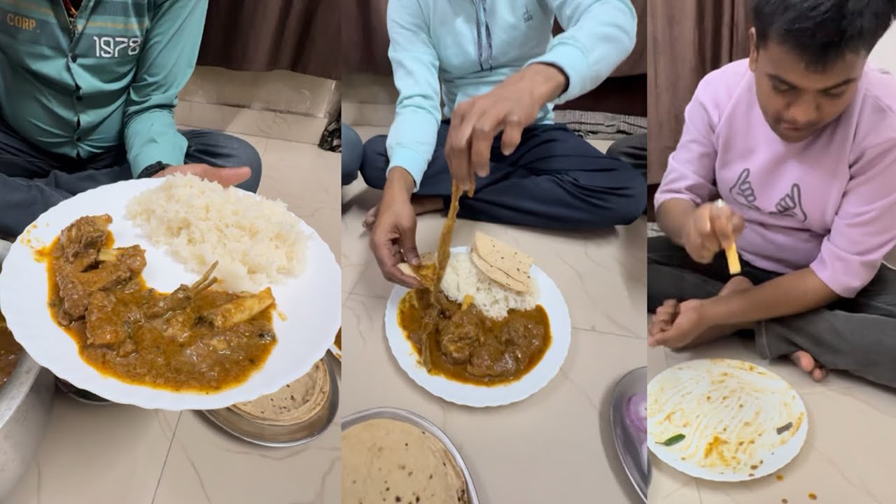 रात को 12:48 बजे हम तीनों मटन करी खा रहे हैं / 😃👌