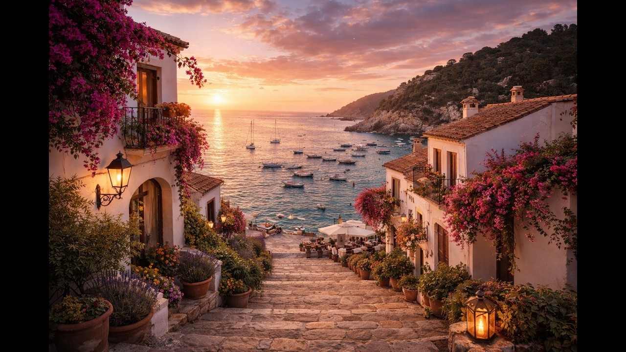 Pueblo Mediterráneo al Atardecer 🌅 Sonido del Mar Relajante para Dormir y Estudiar (4H)