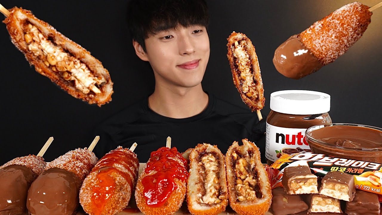 누텔라 초콜릿 듬뿍! 명랑 핫브레이크 핫도그 먹방 Chocolate Corn Dog with Nutella Dessert Mukbang  Asmr Eating Sounds