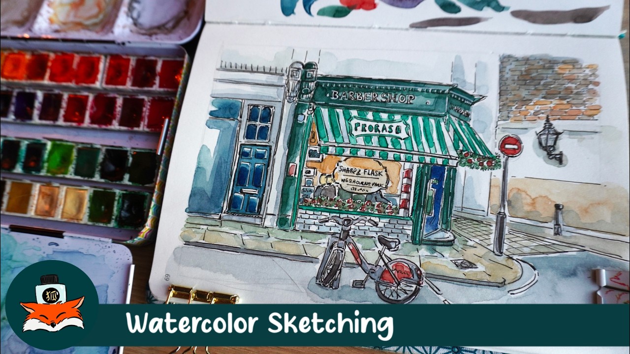 Watercolor Sketching barber shop in London