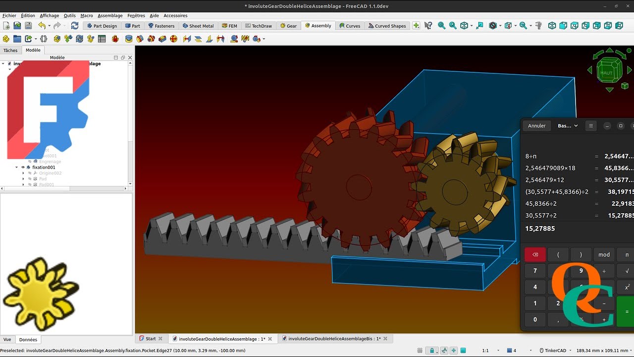 Comment créer et positionner avec Gear 2 engrenages à développante et 1 crémaillère dans FreeCAD?