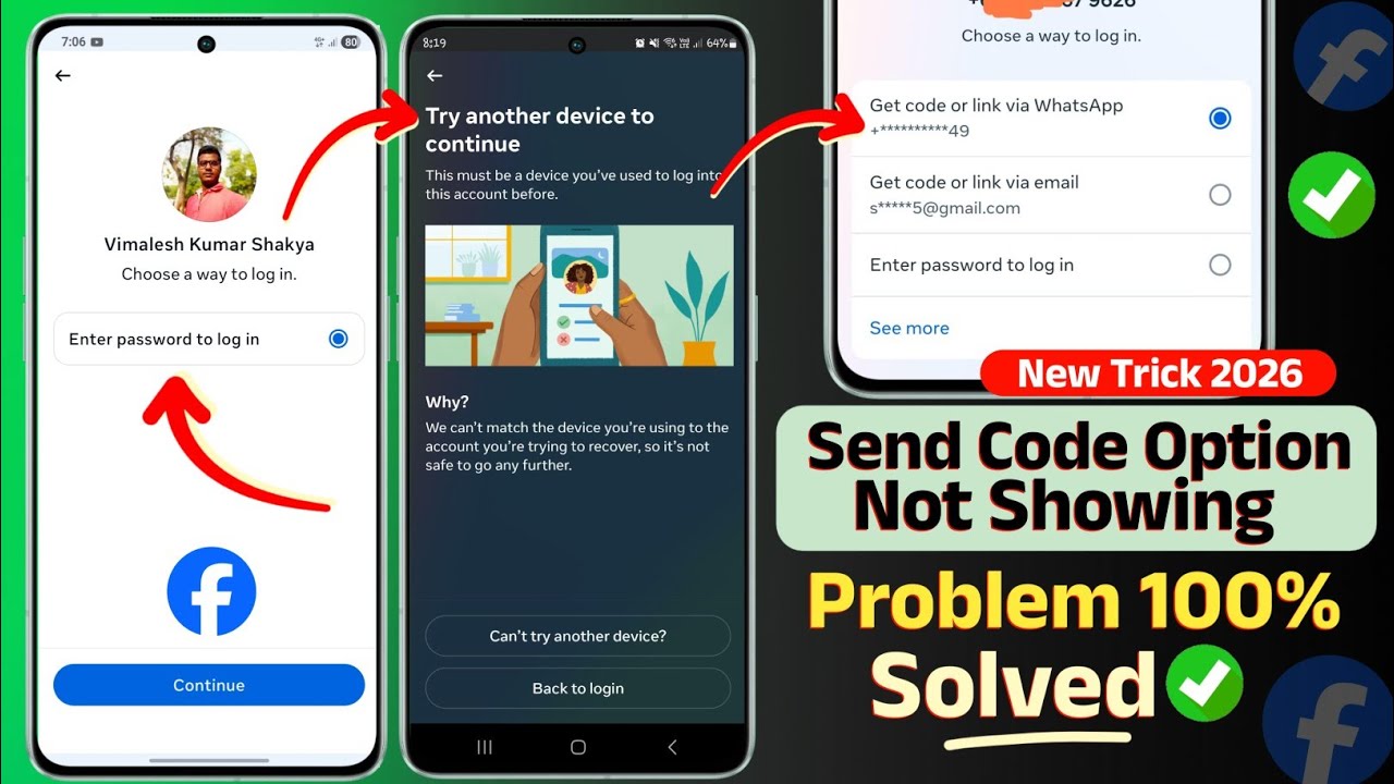 Fix enter password to login problem in facebook | try another device to continue problem in facebook