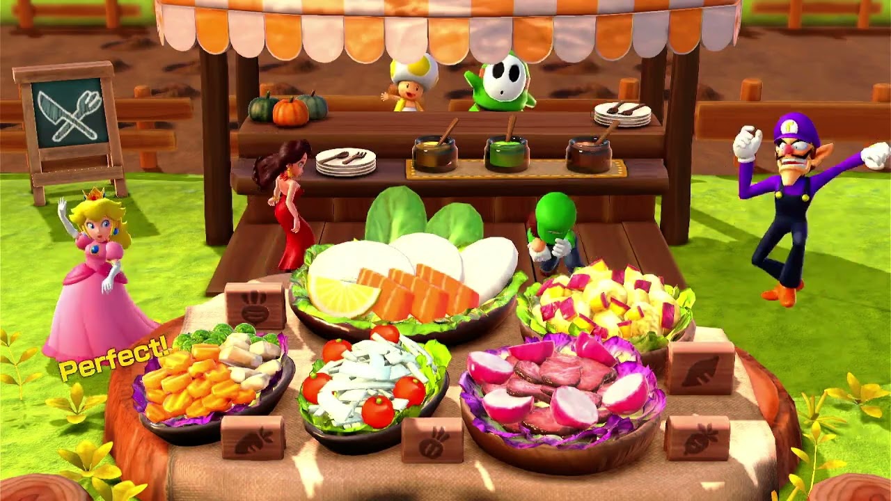 Super Mario Party Jamboree Rhythm Kitchen Peach Pauline Luigi And Waluigi