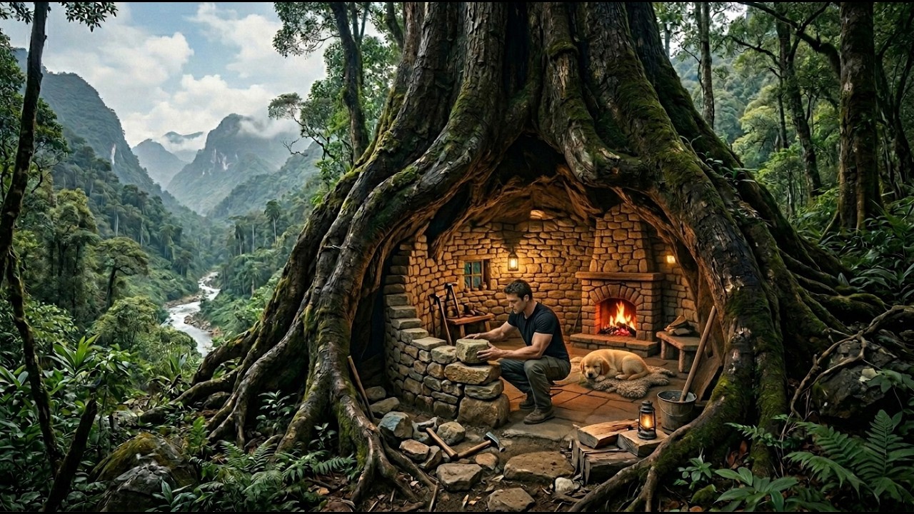 Building a Cozy Underground Shelter Under a Giant Tree in the Forest#bushcraft