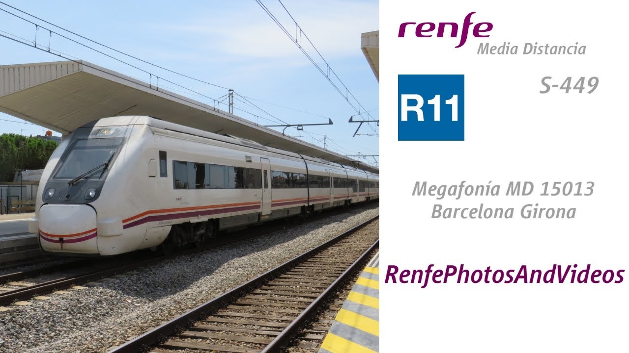 Renfe Megafonía Media Distancia serie 449, con el MD 15013, estación de Girona final de trayecto