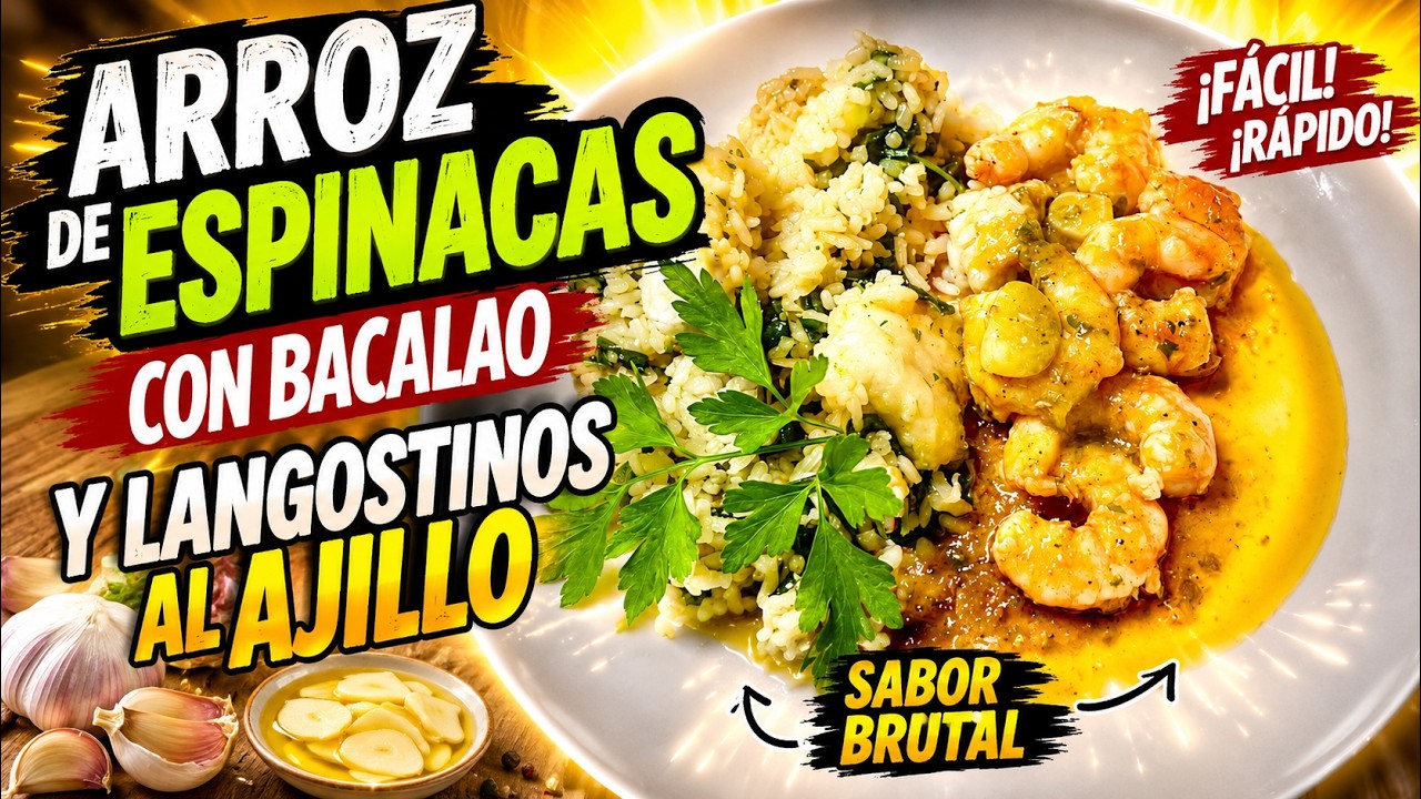 ARROZ DE ESPINACAS CON BACALAO Y LANGOSTINOS AL AJILLO, UNA AUTENTICA LOCURA 🦐🍃🐟