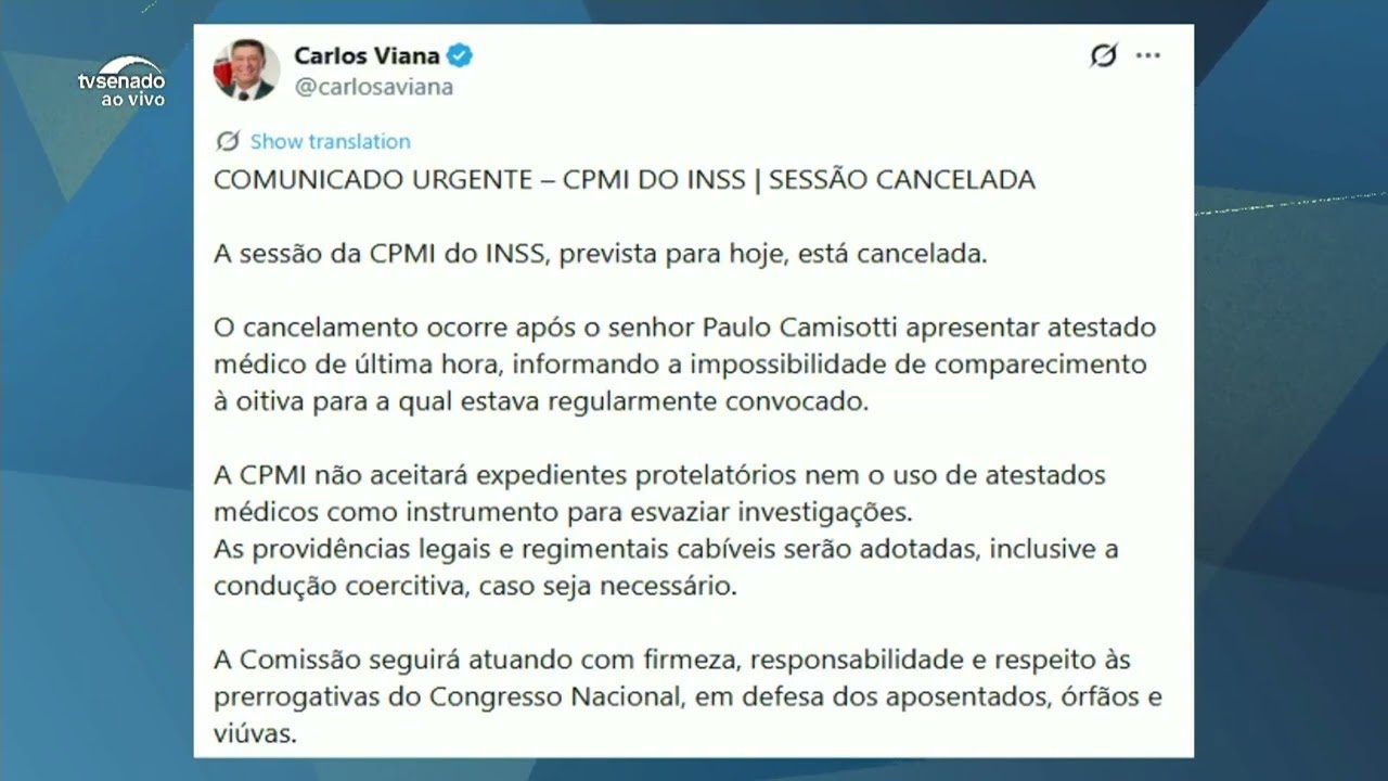 CPMI do INSS cancela reuni&atilde;o ap&oacute;s atestado m&eacute;dico de Paulo Camisotti