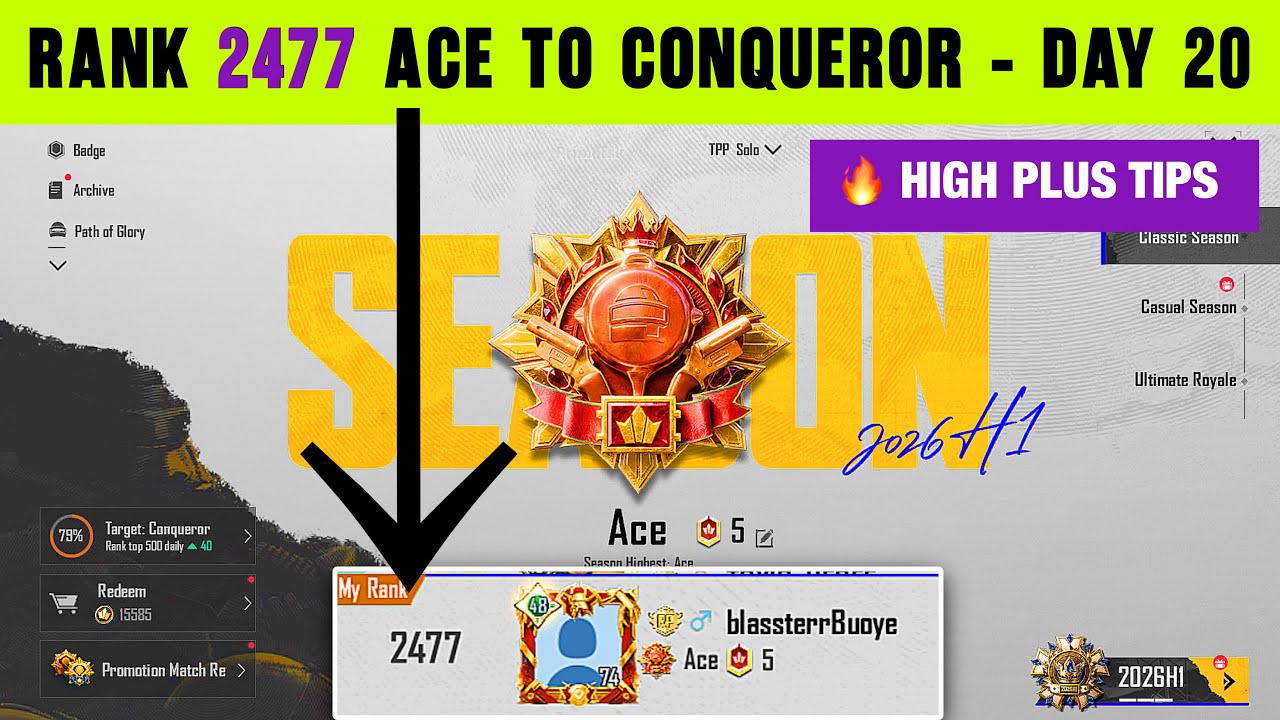 DAY 20 - 🔥 RANK &lsquo;2477&rsquo; SOLO CONQUEROR, HOW TO GET HIGH PLUS EVERY MATCH SOLO CONQUEROR, BGMI🇮🇳