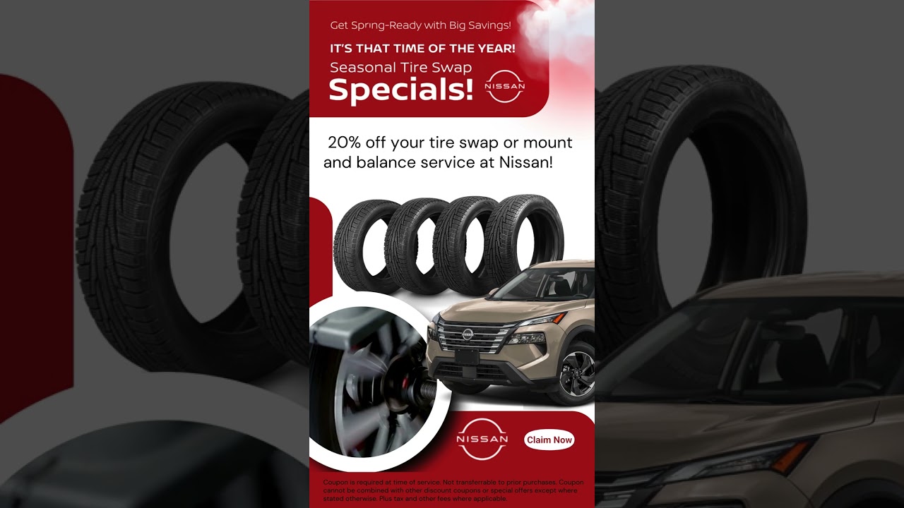 20% off your tire swap or mount and balance service at Nissan!
