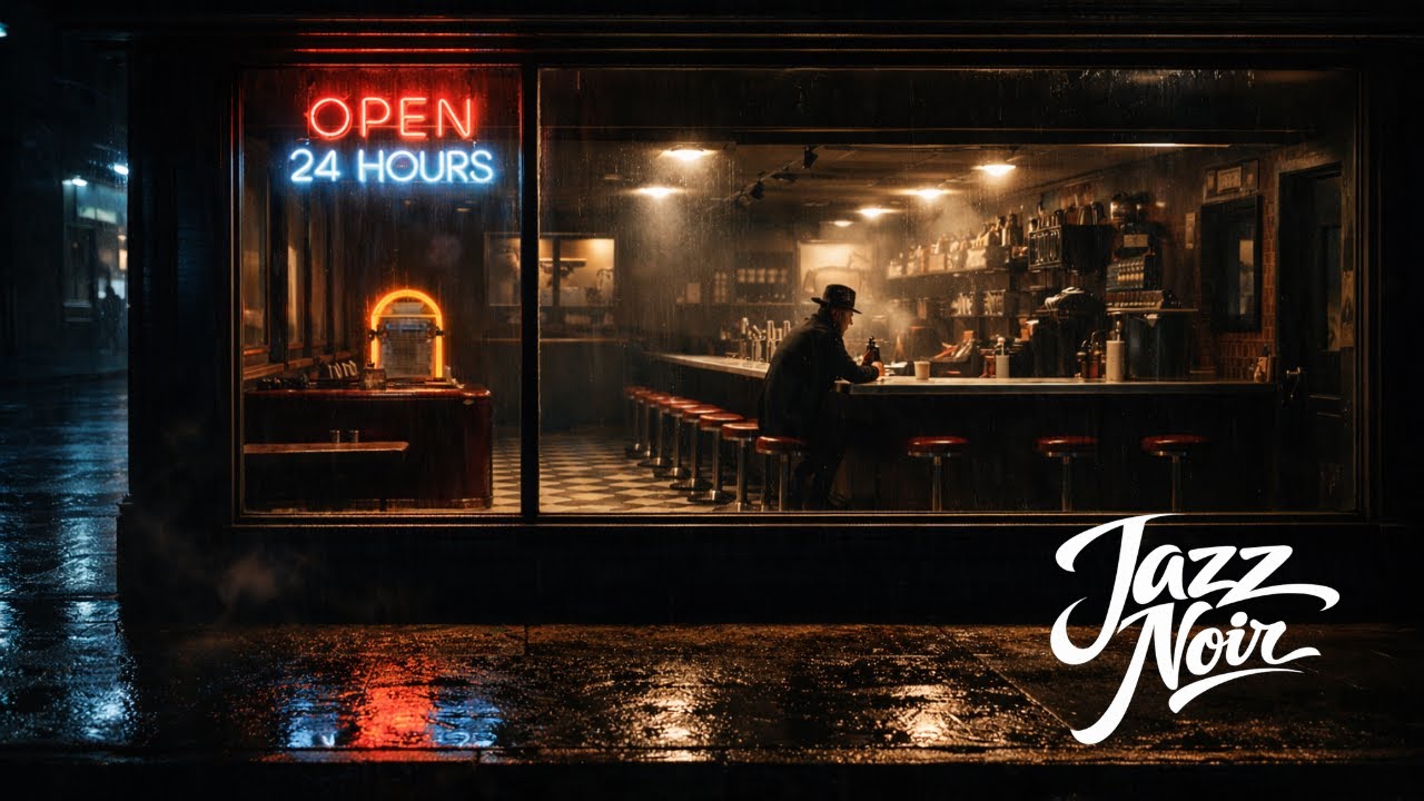 Open 24 Hours Noir — 2 Hours of 1940s–1950s Jazz Diner Nights for Focus & Unwind | Rainy Neon Bar