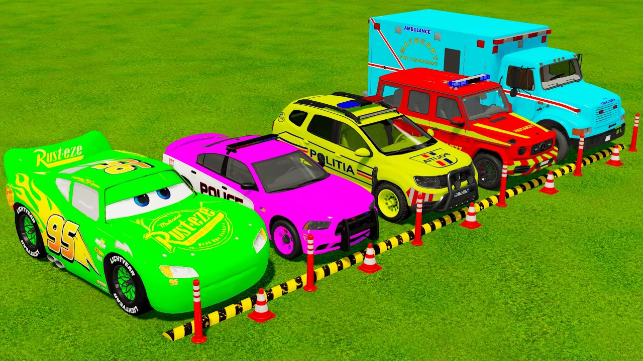 FIVE POLICE CARS, MCQUEEN, DODGE, DACIA, MERCEDES, AMBULANCE TRANSPORTING WITH MAN TRUCK