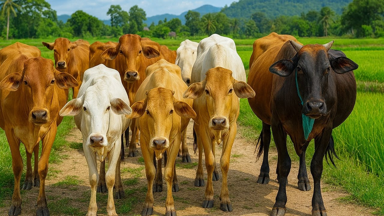 Aktivitas puluhan sapi yang berada di jalanan, Suara sapi Moo, Kawanan sapi lucu di ladang hijau