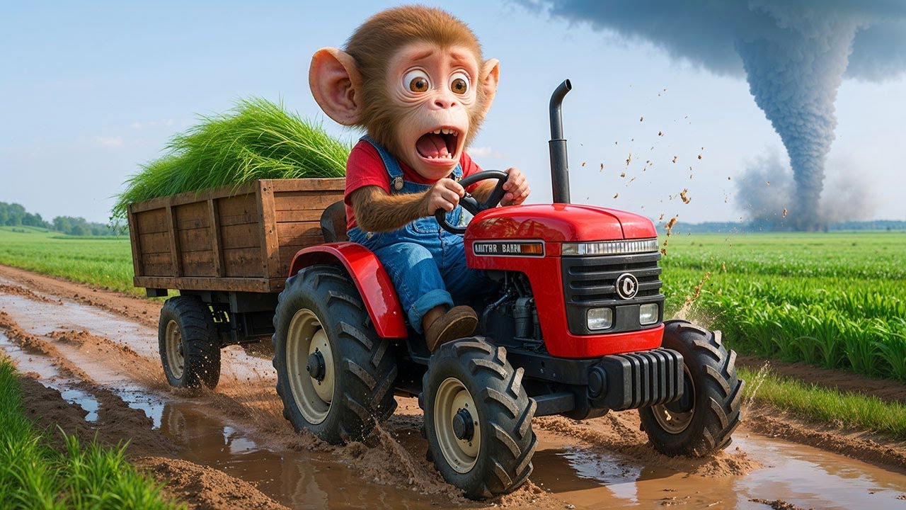 🐒🚜🌾 Обезьянка НаНа ведёт трактор и видит неожиданный торнадо на рисовом поле! 😱💨🌪️ – ЖИЗНЬ ОБЕЗЬЯ...