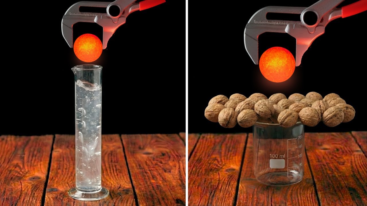 1000°C Red Hot Metal Ball vs Walnuts, Glass Cylinder & Popcorn