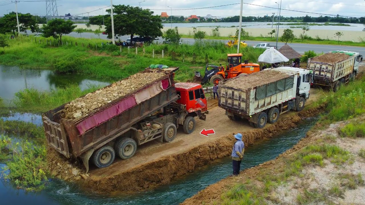 OM.G Marvelous! Process Landfill! Using Dump Truck 25.5Ton Fill Stone Soil & Dozer Pushing, Mix VDO