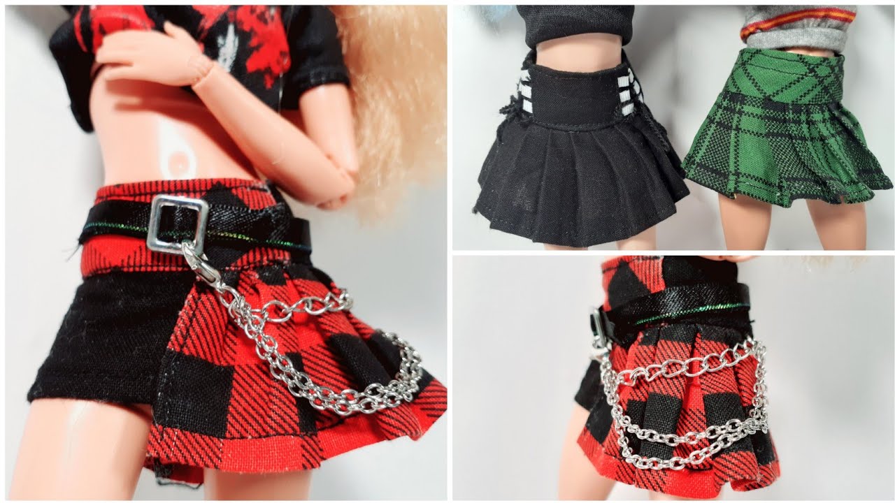 DIY - how to make doll punk skirts | diy doll punk skirt with chains | diy easy barbie clothes