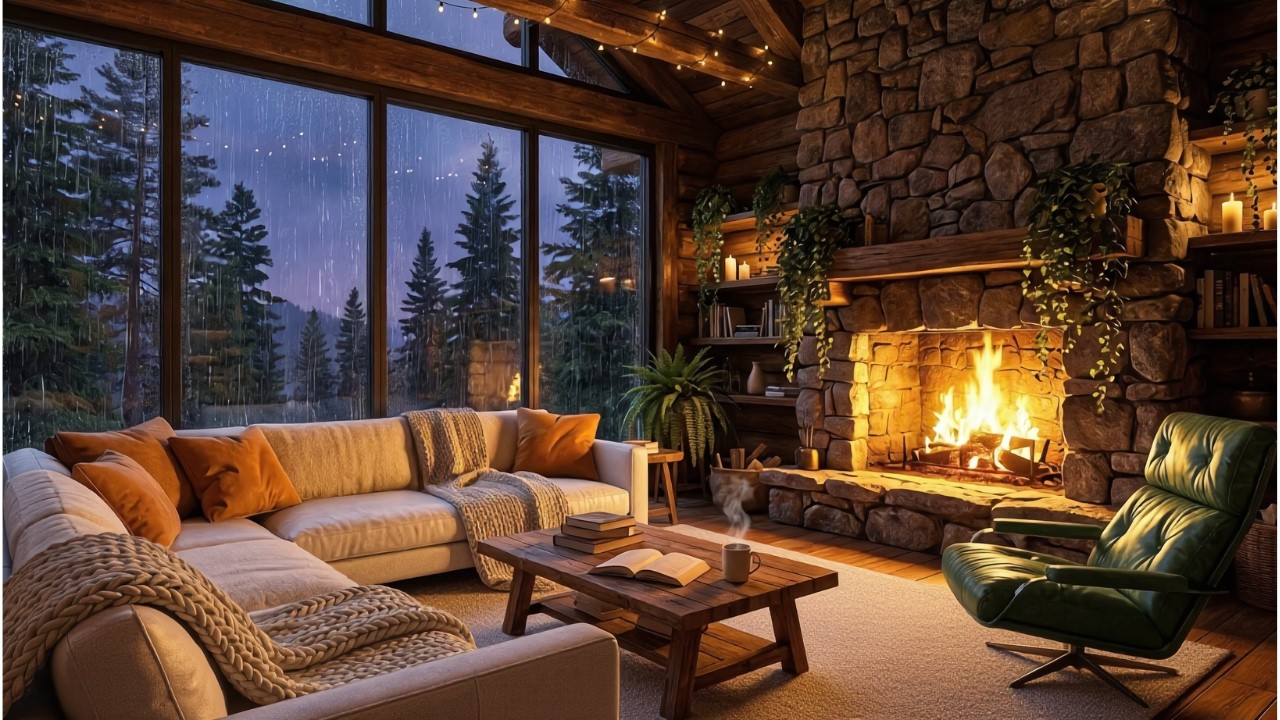 Rainy Night by the Fireplace 🔥 | Cozy Cabin Jazz for Focus & Sleep | 2 Hours